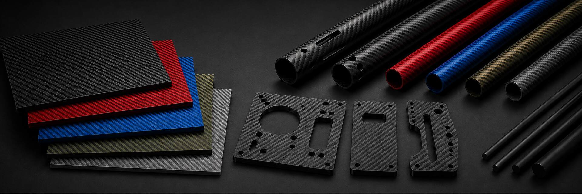 Carbon fiber sheets, machined plates, slotted tubes, and rods for Duflo material projects